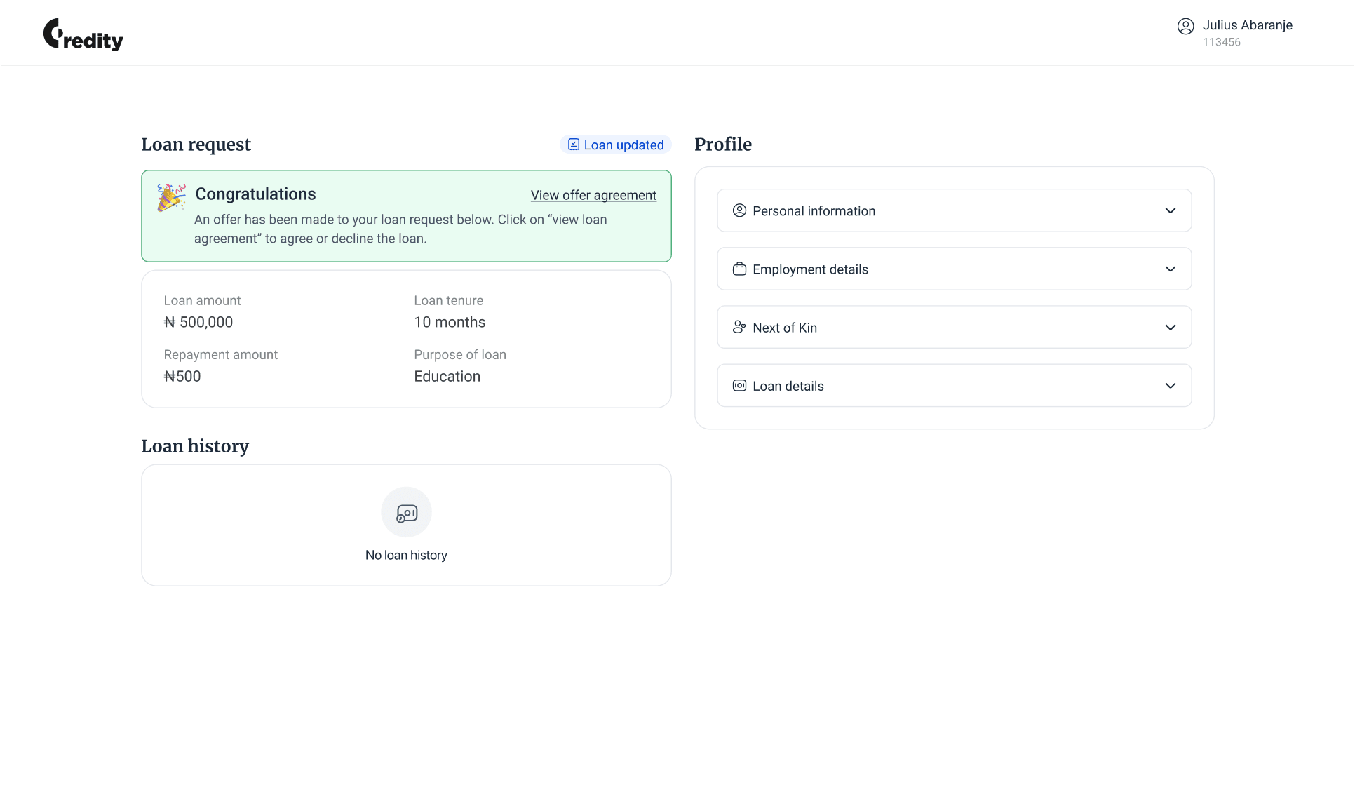 Creditty - lender dashboard